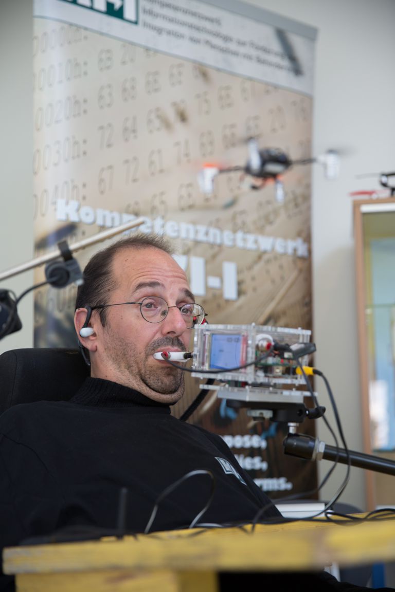 Photo: Gerhard controls a Walkera Ladybird Quadrocopter with the 4D-Joystick